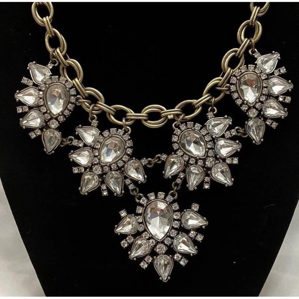 Teardrop Rhinestone Crystal Statement Necklace Antiqued Gold Tone Hollywood Glam